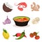 Tom Yam Kung spicy soup with ingredients, Thai cuisine vector Illustration on a white background