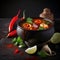 Tom yam soup isolated on black close-up. Appetizing Thai soup with seafood and vegetables.