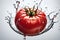 tomato caught mid-air with droplets of water cascading around it, positioned centrally against a stark backdrop