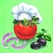 Tomato with chef hat and parsley, onion, olives, basil, idea food, creative concept. Restaurant character, chef symbol
