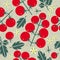 Tomato cherry seamless pattern. Ripe tomatoes with leaves and flowers on shabby background.