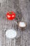 Tomato  dill souse and salt in old metal salt shaker on old wooden table for background