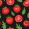 Tomato food pattern, cherry vegetable and leaves isolated on black. Floral garden decor textile, wrapping paper