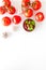 Tomato frame with suase and garlic on white background top-down copy space