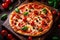 tomato italian food meal copy space black slice food cheese pizza fast background. Generative AI.