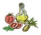 Tomato, lemon slice and jug of olive oil. vector sketch on white background