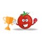 The Tomato mascot character wins a boxing trophy. vector illustration