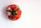 The tomato is red spoiled on a white background. View from above. Spoiled tomato. Tomato with mould. Space to copy