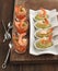 Tomato salsa with shrimp and Avocado cream and shrimp in spoon