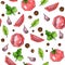 Tomato seamless pattern with basil leaves and garlic. Hand drawn watercolor sketch painted. Botanical art. Design for