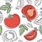 Tomato seamless pattern. Hand drawn fresh vegetables. Vector sketch background. Doodle wallpaper. Red and green print