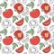 Tomato seamless pattern. Hand drawn fresh vegetables. Vector sketch background. Doodle wallpaper. Red and green print