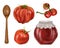 Tomato set of fresh vegetables, wooden spoon, and sauce in a glass jar. Digital illustration on a white background. Farmer\\\'s