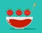 Tomato soup with funny tomatoes in kawaii style. Vector