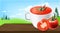 Tomato soup package realistic, instant soup, natural product, fresh tomatoes