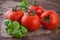 Tomatoes with Basil over Wooden Background