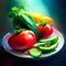 Tomatoes, cucumbers and cheese on a plate on a dark background AI Generated