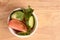 Tomatoes and cucumbers. Fresh salad. Wooden table