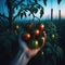 Tomatoes hanging from the vine in the blue hour