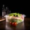 Tomatoes, lettuce, olives and a sandwich in a plastic container on the table