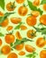 Tomatoes pattern. Flying ripe fresh yellow orange tomatoes with green leaves on green background flat lay. Cherry tomatoes.