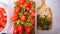 Tomatoes in a plastic container spices dill, parsley, pepper, cloves, Bay leaf, celery, close-up, background,space