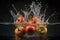 tomatoes splashed or thrown in water. Water splash fresh fruit creative concept idea. Ai generated