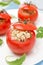 Tomatoes stuffed with tuna salad and bulgur, close-up