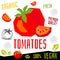 Tomatoes tomato icon label fresh organic vegetable, vegetables nuts herbs spice condiment color graphic design vegan food.