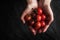 Tomatoes twig in the hand on the black stone table