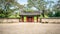 Tomb of King Michu of Silla with main gate in Daereungwon tumuli park complex Gyeongju South Korea