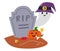 Tomb with pumpkin and ghost in witch hat isolated