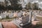 Tombstone, memorials and headstones in the graveyard