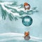 Tomte Nisse Scandinavian gnomes decorating Christmas tree on snow background. Funny watercolor winter illustration