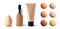 Tonal foundation cream glass jar with dropper, tonal CC or BB cream tube, beauty blender and liquid colors drop swatch