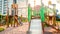 Toned image of big wooden playground with lots of ladders and slides at park