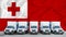 Tonga flag in the background. Five new white trucks are parked in the parking lot. Truck, transport, freight transport. Freight