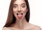 Tongue open mouth Beautiful woman face close up portrait young studio on white