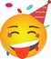 Tongue party emoji celebrating birthday in a red hat and confetti flying around! Partying yellow face emoticon with a tongue out