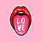 Tongue sticking out with love lettering inscription. Sexy Red lips vector illustration. Female Beautiful mouth
