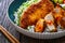 Tonkatsu - crispy Japanese pork chop with white rice and fresh vegetables on wooden table