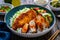 Tonkatsu - crispy Japanese pork chop with white rice and fresh vegetables on wooden table