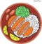 Tonkatsu - japanese food ink illustration. Graphic color artwork. Colorful realistic art for menu design. Vector illustration