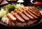 Tonkatsu pork cutlet with rice and vegetables on black.Macro.AI Generative