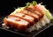 Tonkatsu pork cutlet with rice and vegetables on black.Macro.AI Generative