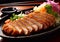 Tonkatsu pork and rice with vegetables and sauce on table.Macro.AI Generative