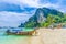 Tonsai Beach with traditional longtail boats parking in Phi Phi island, Krabi Province, Andaman Sea, Thailand