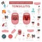 Tonsils and throat diseases. Tonsillitis symptoms, treatment icon set. Medical infographic design