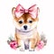 Too Cute to Handle: A Smiling Shiba Inu Puppy with a Pastel Pink Headband Bandana and Glasses in Watercolor AI Generated