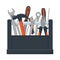 Tool box with collection of carpentry, mechanic, locksmith tools. Wrench, screwdriver, hammer, rasp, pliers. Vector illustration,